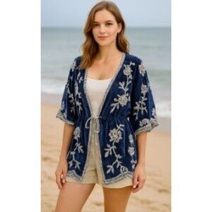 Blue & White Embroidered Tie-Front Kimono Cardigan  One Size  100% Viscose